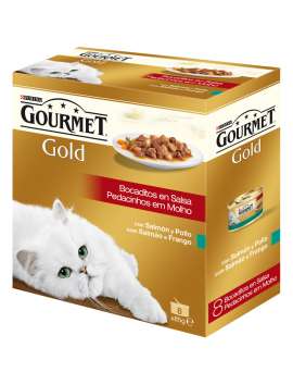 PURINA GOURMET GOLD Bocaditos en Salsa con Salmón y Pollo Pack 8x85g