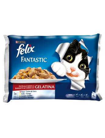 PURINA FELIX FANTASTIC Festín de Carnes en Gelatina Pack surtido sobres 4x100g